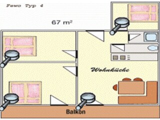 Grundriss der Ferienwohnung für max 6 Personen