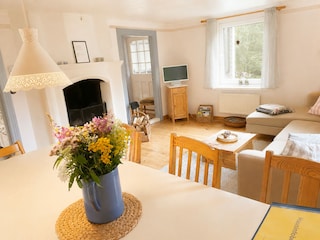 Wohn-/ Esszimmer mit offenem Kamin und dt. Sat-TV