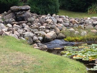 Teich und Steinhaufen mit Wasserspiel