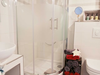 Bad mit Dusche, Fön, WC, Waschbecken Handtuchheizung