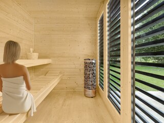 Sauna aus edlem Holz für pure Entspannung.