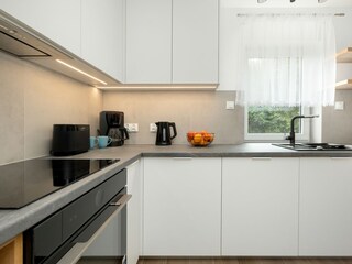 Moderne Küche mit Granit-Arbeitsplatte und Holzschränke
