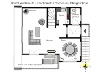 Grundriss Obergeschoss - Wohn/Essbereich, Küche, Balkon