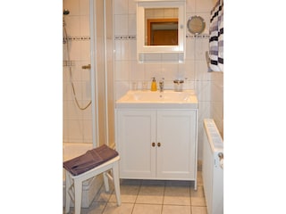 Badezimmer mit Dusche, Waschbecken und WC