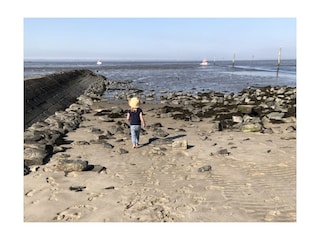 am Strand mit Blick auf Langeoog und die Hafeneinfahrt