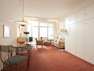 Der helle Wohn-, Schlafbereich mit eingeklapptem Bett