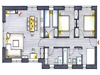 Grundriss, EG, 3 SZ, 2 Bäder, Sauna, Garten, Terrasse