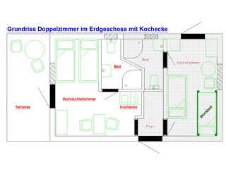 Doppelzimmer im EG mit Miniküche u. Terrasse
