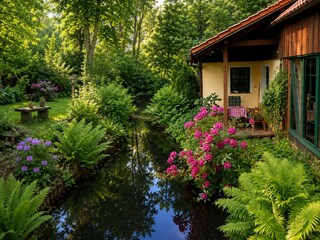 Terrasse mit Rhodedendron