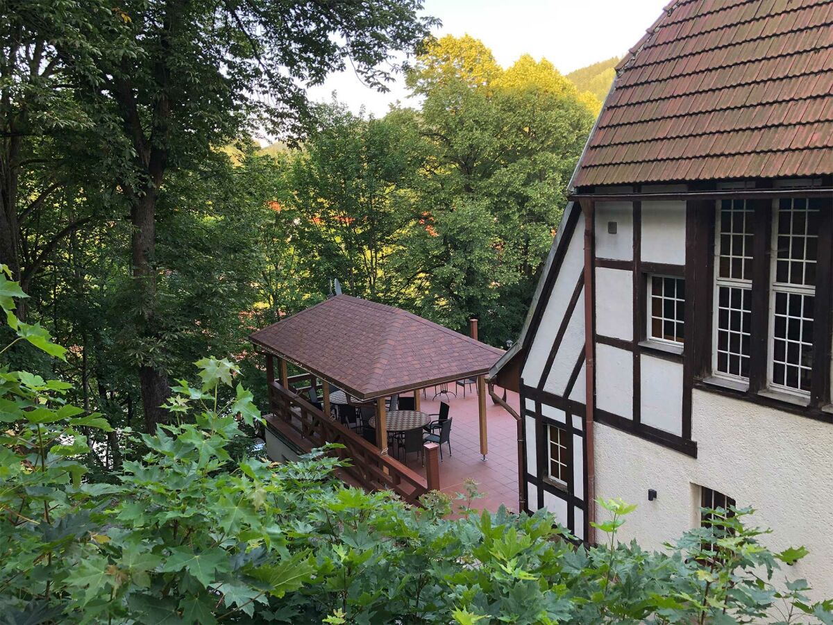 Blick auf die große Terrasse mit Pavillon