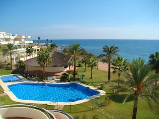 large communal pool directly on the beachfront