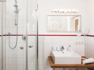 The bathroom with shower of the red bedroom.