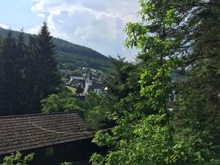Blick auf die Kirche und die Brey vom Grundstück