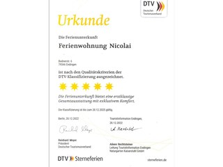 Urkunde Deutscher Tourismusverband (DTV) 5-Sterne