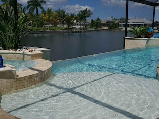 Large heated infinity saltwater pool