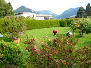 Blick über den Garten zu den Bergen