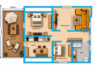 Grundriss Fewo 2 mit 27m2 großem Balkon