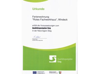 Certificate "Qualitätsgastgeber Sieg"