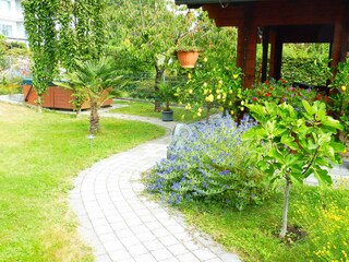 Blick zum Gartenhaus u. Whirlpool