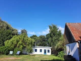 Blick vom Haus in den Garten zum Nebengebäude
