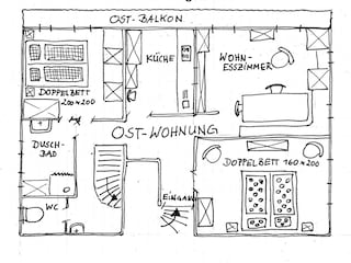 Ostwohnung mit Balkonen, 1. Stock, Raumhöhe 1,95m