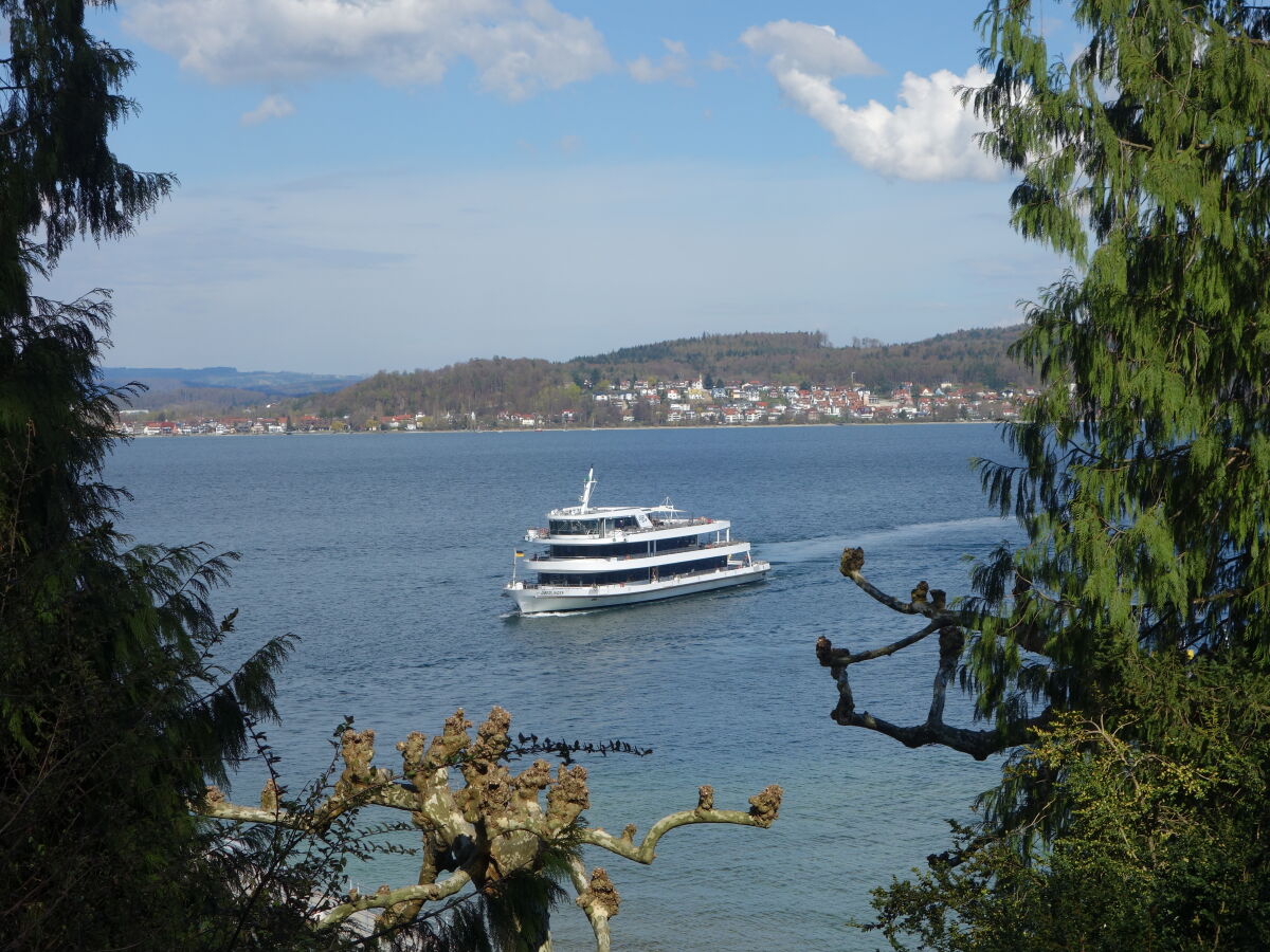 Blick von der Insel Mainau auf ein ankommendes Schiff