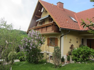 Blick zum großen Balkon mit Markise