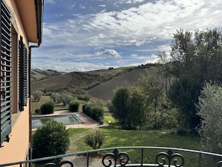 Aussicht von der Terrasse zum Pool nach Osten