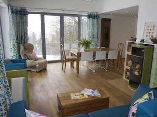 Living room with chimney oven