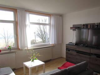 Wohnzimmer mit Panorama-Fenstern, TV App.