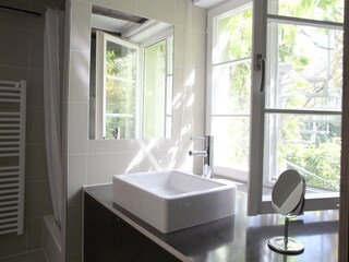 Modern bathroom with view into the garden