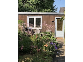 Blütenpracht mit Adirondack-Sitzgruppe im Hintergrund