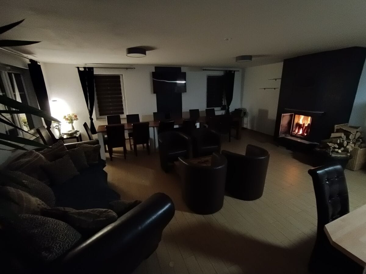 Wohnbereich mit Kamin, Couch, Esstisch und Loungesessel