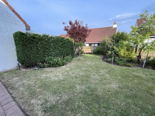 gemütlicher Garten mit Sitzbank in der Sonne