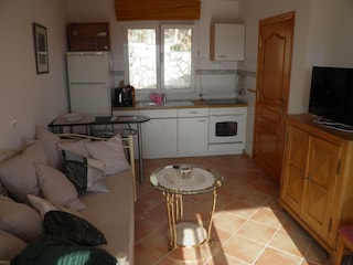 Living room with a kitchenette in the self-contained apartment.