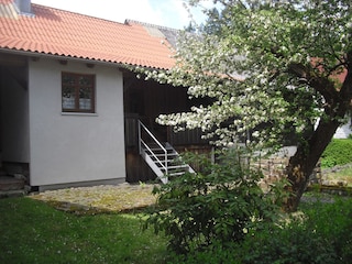 Blick vom Garten zur Terrasse