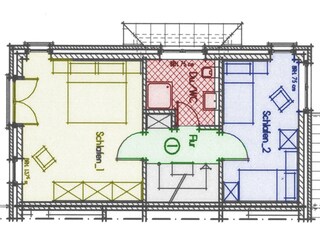 Grundriss 1. OG mit 2 Schlafzimmern, Bad