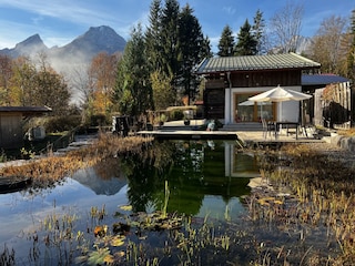 Swimming pond and log cabin