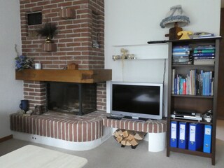 Wohnzimmer mit Kamin,Regal mit Infos,Fernseher, ...