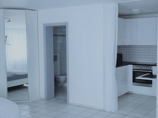 Blick vom Wohnbereich zur Kochnische und Bad mit Dusche