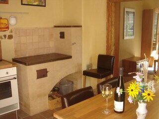Kitchen with wood-burning stove
