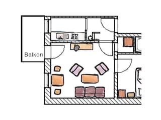 Beetrose Balkon, Wohnzimmer, Küche, Flur