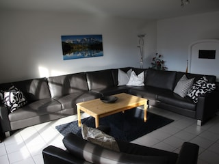 Wohnzimmer mit Ledersofa und Led-TV