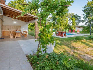 Die überdachte Terrasse und der grüne Garten