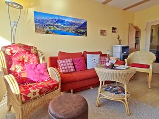 Cozy living room with fireplace and double sofa bed