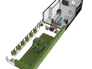 3D floor plan of the garden and ground floor.