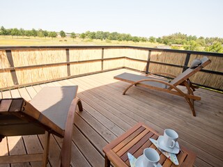 Dachterrasse mit Blick auf d. Garten u. d. Pferdekoppel