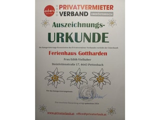 Qualitätsurkunde Unterkunft Ferienhaus Gottharden