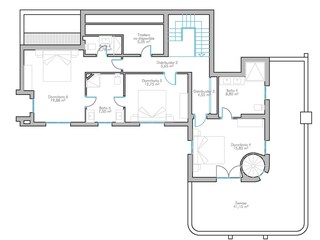 Grundriss 1. OG mit drei Schlazi + 3 Bädern + Terrasse