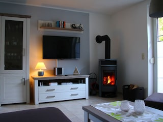 Wohnzimmer TV und Kaminofen